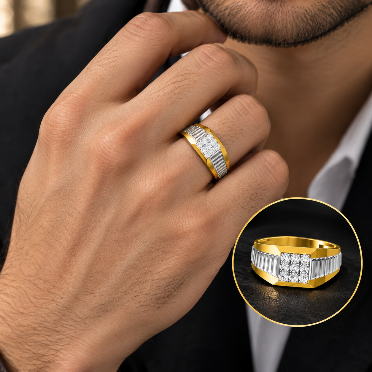 Men's Two-Tone Geometric Diamond Cluster Band Ring