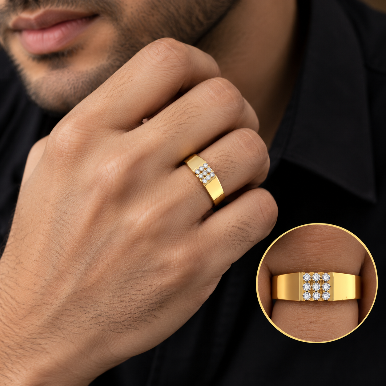 Men’s Geometric Diamond Cluster Gold Band | Modern Minimalist Ring