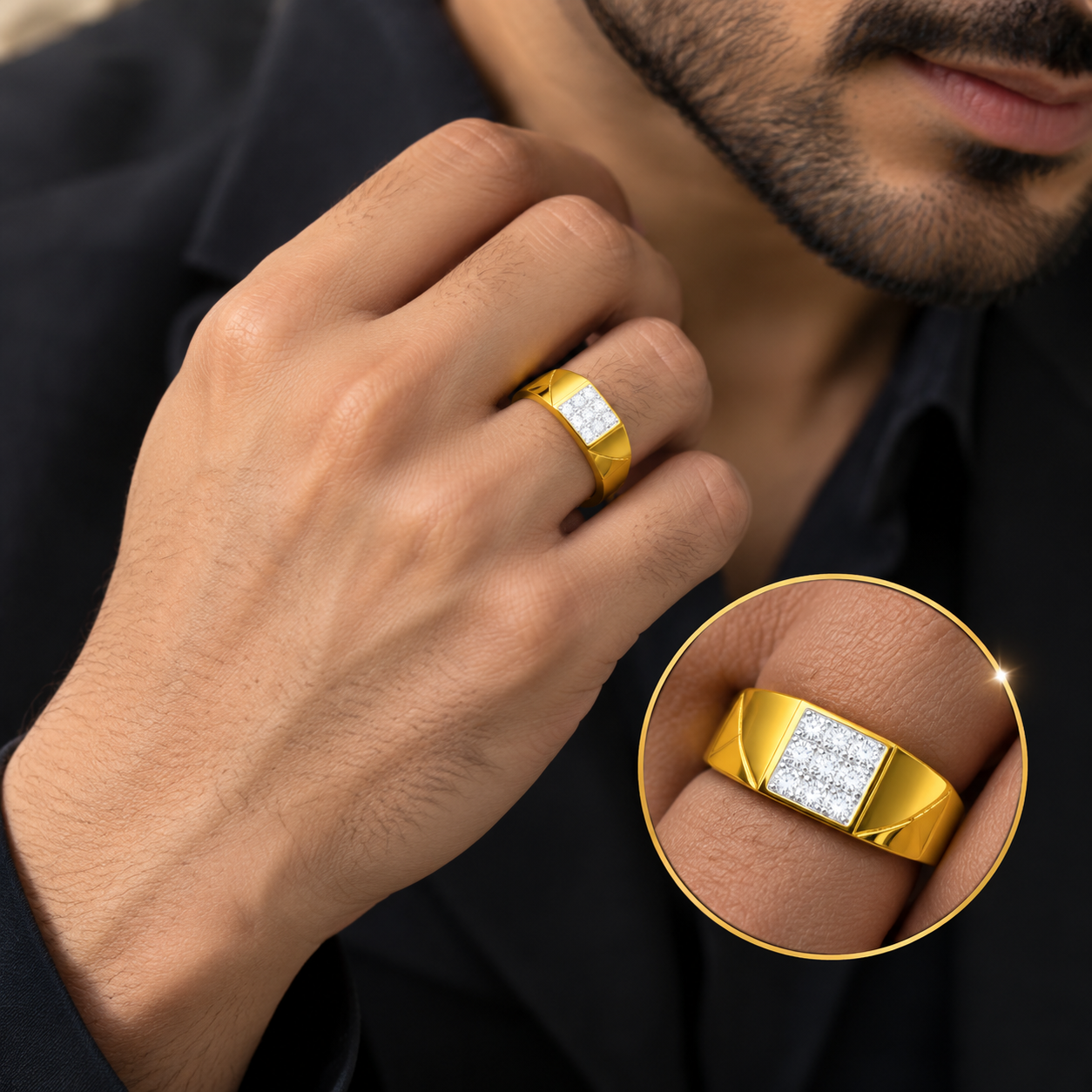 Men's Classic Gold Signet Ring with Diamond Cluster Face