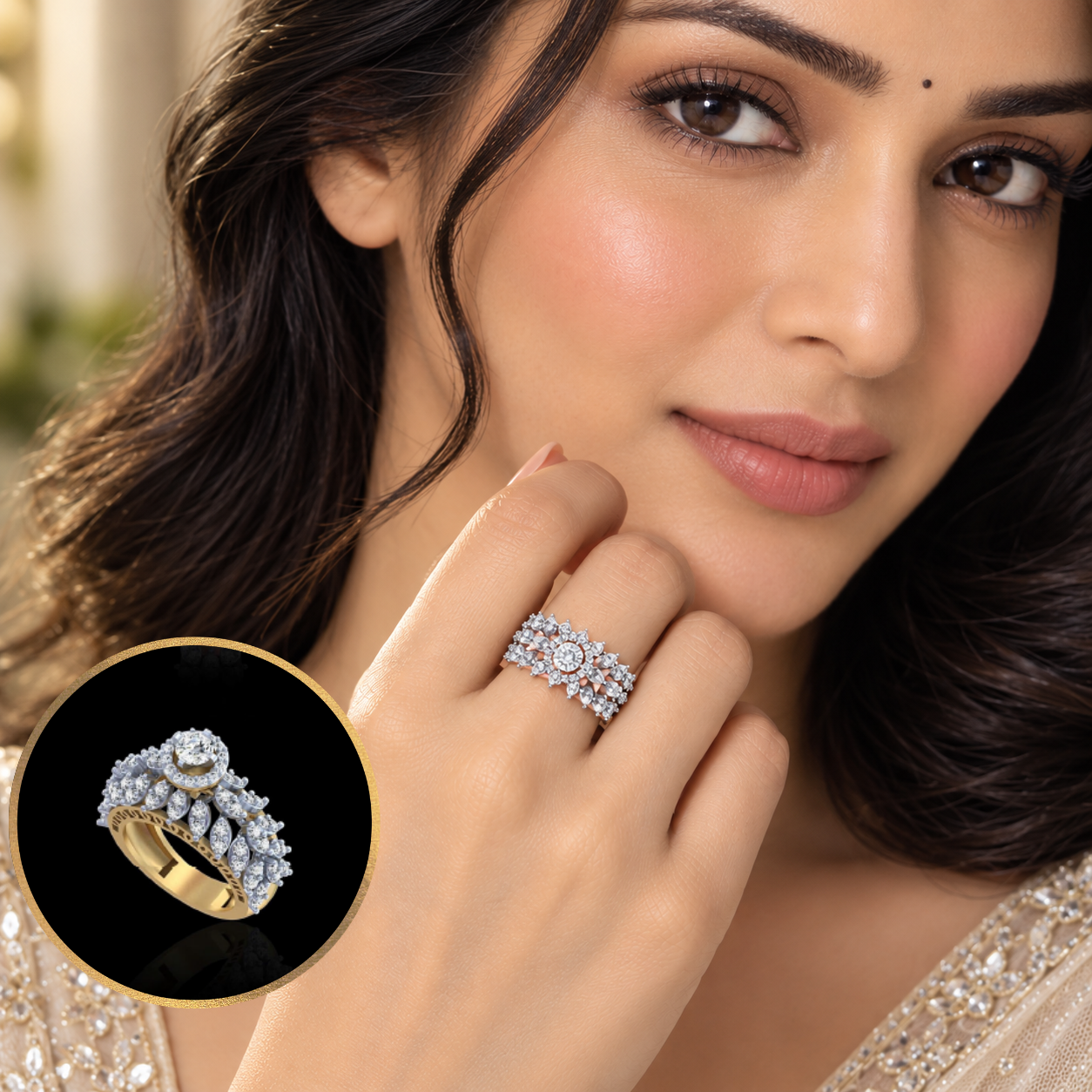 Marquise Diamond Halo Solitaire Ring with Triple Marquise Bands