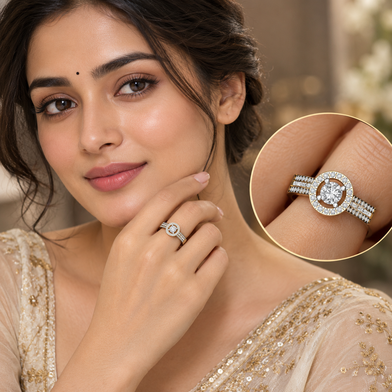 Baguette & Round Diamond Halo Solitaire Ring with Triple Diamond Bands