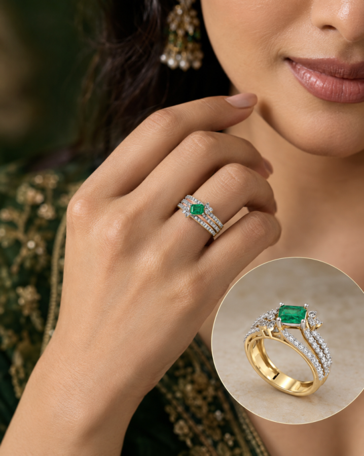 Lab-Grown Diamond Emerald Three-Band Ring