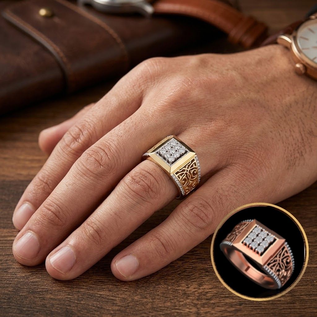 Classic Square Cluster Natural Diamond Men's Ring