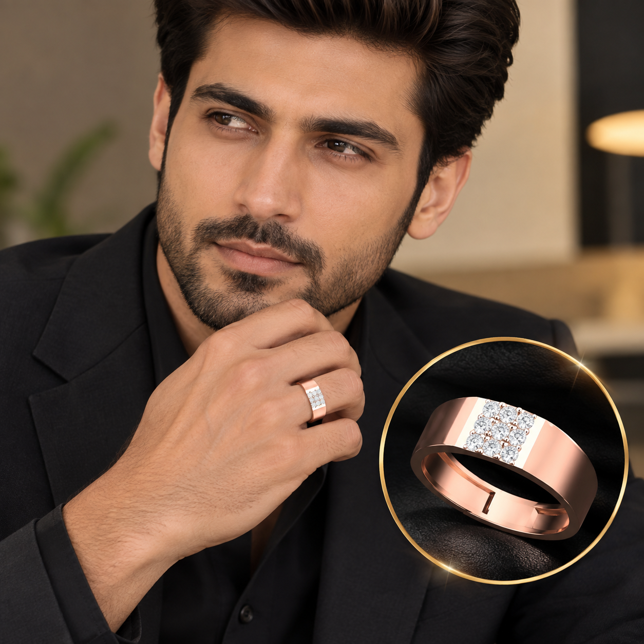 Men's Rose Gold Diamond Cluster Wedding Band