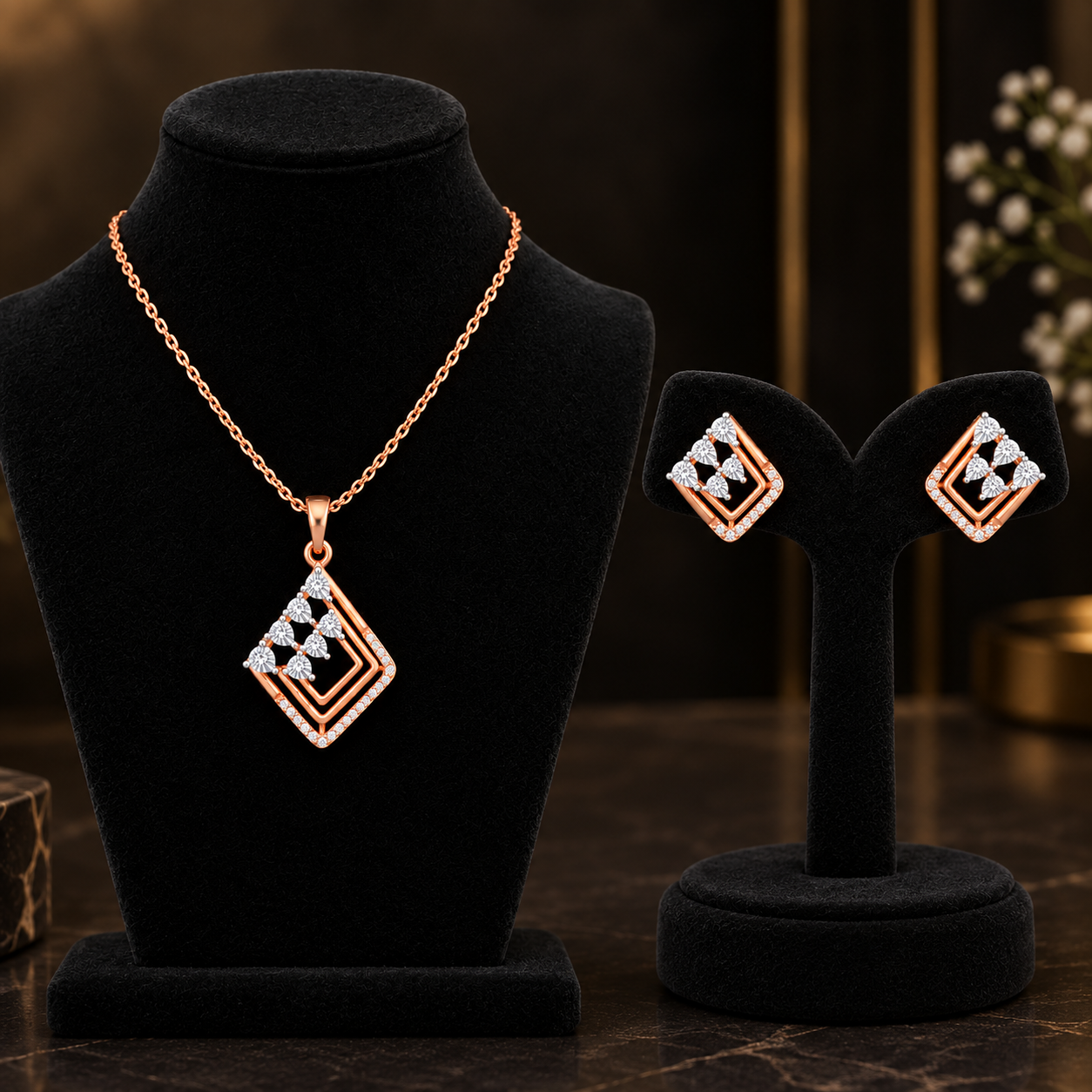 Natural Diamond Geometric Pendant & Earring Set