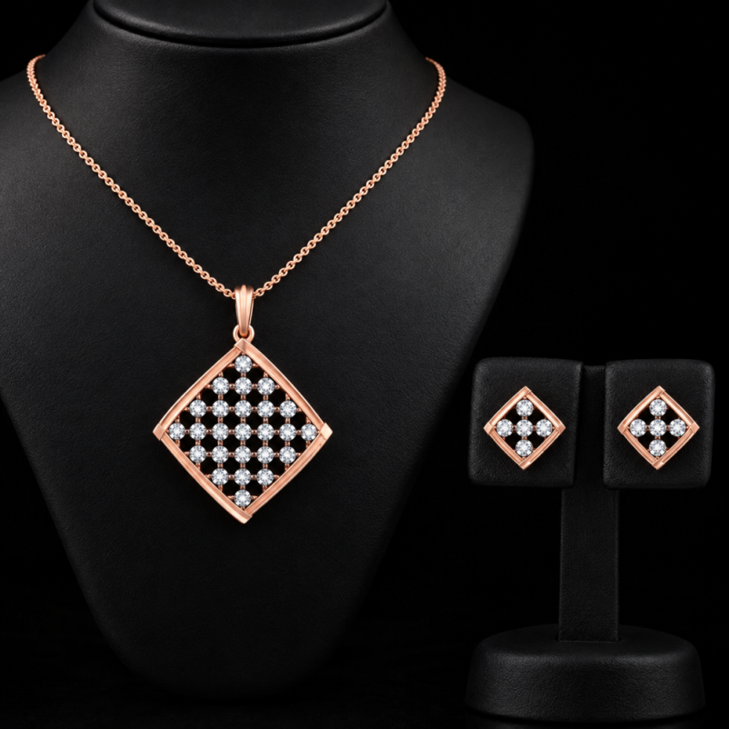 Natural Diamond Geometric Pendant & Stud Earrings Set