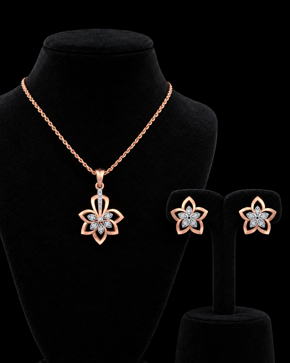 Natural Diamond Floral Drop Pendant & Stud Earrings Set