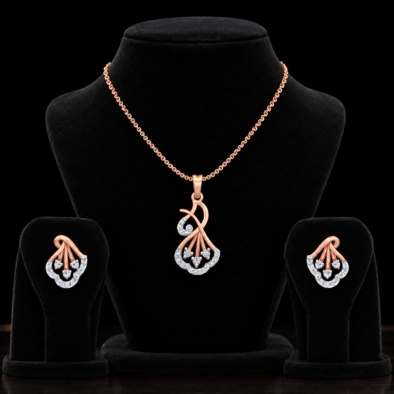 Natural Diamond Curved Cluster Pendant & Earrings Set