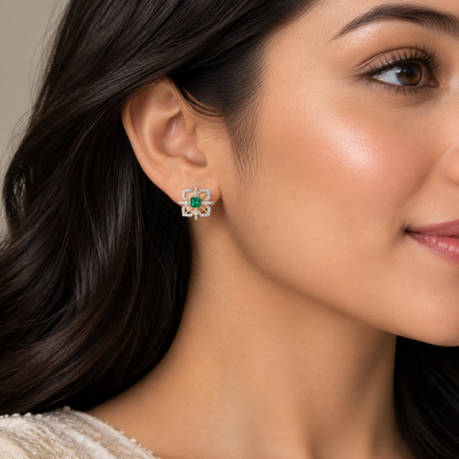 Geometric Geometric Floral Gemstone & Lab-Grown Diamond Stud Earrings