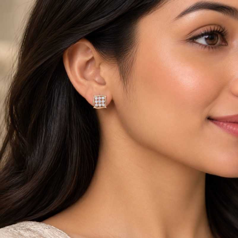 Contemporary Square Cluster Natural Diamond Stud Earrings
