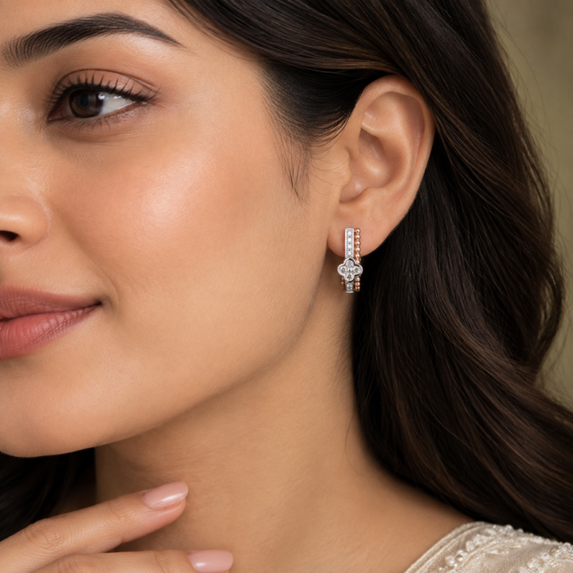 Floral Clover Huggie Hoop Lab-Grown Diamond Earrings