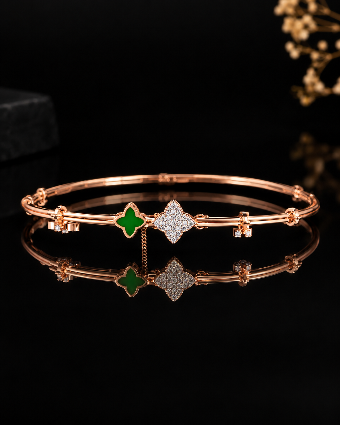 Floral Motif Enamel Natural Diamond Bangle Bracelet